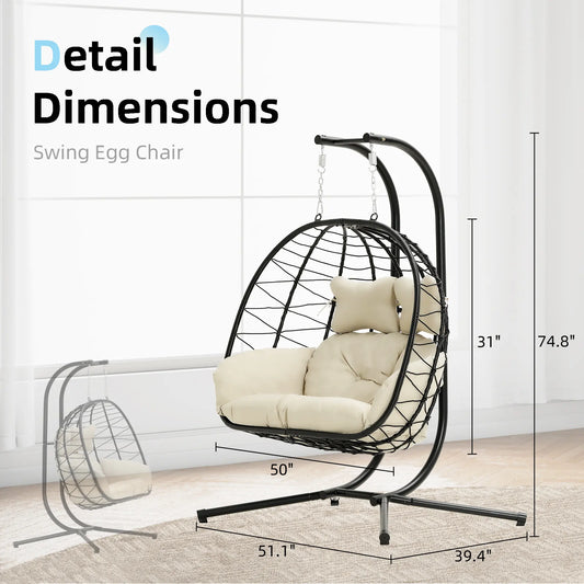 Double Egg Hanging Chair, 700lbs – Foldable Wicker Patio Swing with Cushion
